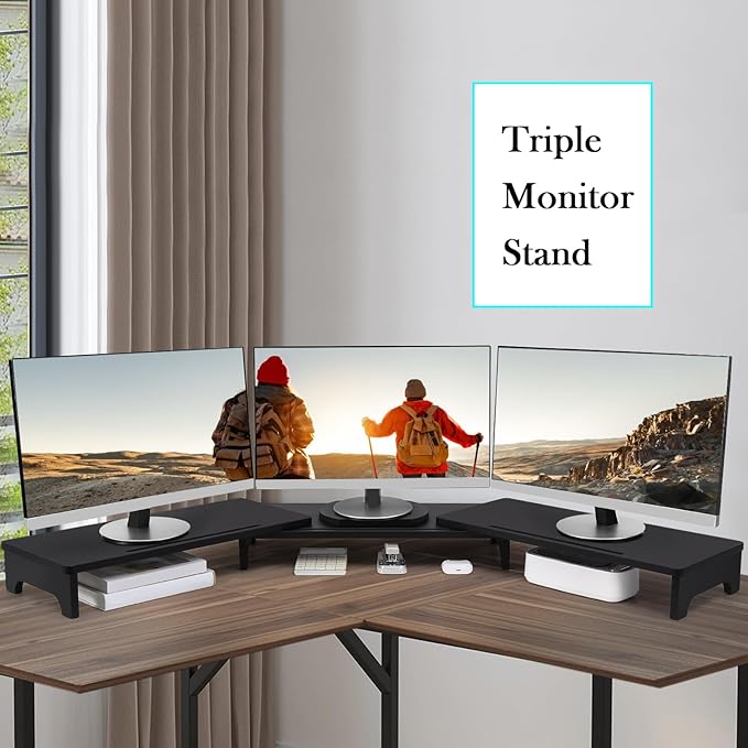 Nnewvante Monitor Stand Riser, Upgrade Height Large TV Riser, 60 inch Large Bamboo Dual Monitor Stand for Desk, 3 Shelves Desktop Screen Riser with Adjustable Length Angle for Computer Laptop Black