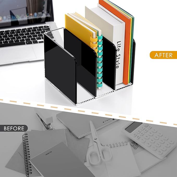 SANRUI Black Acrylic Magazine File Holder, 3 Vertical Compartments Desktap Organizer Folder Rack Workspace Document Sorters, Bookend File Office Accessories Organization Storage