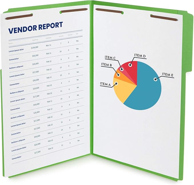 Blue Summit Supplies Green File Folders with Fasteners, Legal Size, 1/3 Cut Reinforced Tabs, Durable 2 Prongs, Designed to Organize Standard Medical or Law Files, 50 Pack