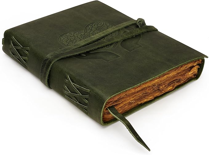 LUXEORIA Heart Journal for Women and Men, Handcrafted Leather Journal for Writing Womens, Sketchbook, Travel Diary with Unlined Deckle Paper, Dark Green 7x10