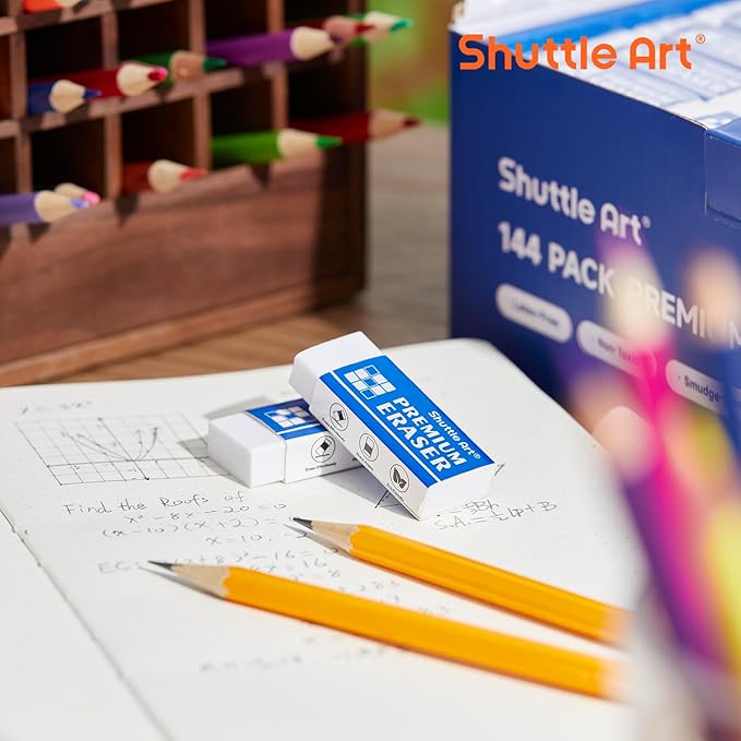 Erasers, Shuttle Art 144 Pack Premium Eraser Bulk, White Erasers Classroom Set for Kids Teachers as School and Office Supplies