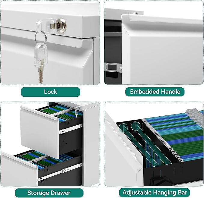 YITAHOME 2 Drawer File Cabinet with Lock, Mobile Metal Filing Cabinet for Letters/Legal/A4 Size, Home Office & Business Enterprise, Fully Assembled Except Wheels, White