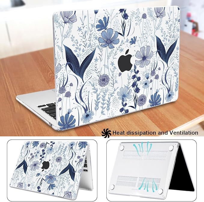 Case for M2 M3 MacBook Air 13.6 inch 2024 2023 2022 A2681 A3113 Cover with Liquid Retina Display Touch ID, Pattern Plastic Hard Shell Case Screen Film Keyboard Cover, Navy Blue Wild Flowers