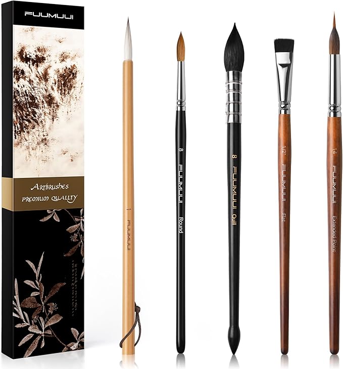 Watercolor Paint Brushes, 5pcs Fuumuui Professional Sable Brush, Wool & Synthetic Squirrel Brushes Set with Extended Needle, Round Point, Flat, Quill Wash Perfect for Watercolor Acrylic Gouache Inks