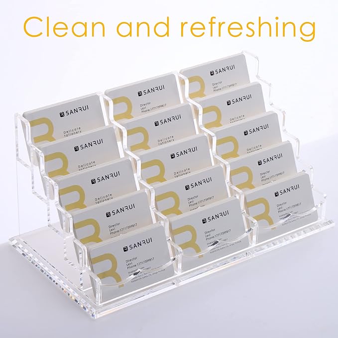 SANRUI Acrylic Multiple Business Card Holder Display for Desk , 15 Slots Business Card Stand , Clear Horizontal 5 Tier Business Card Holders, Holds 750-900 Cards