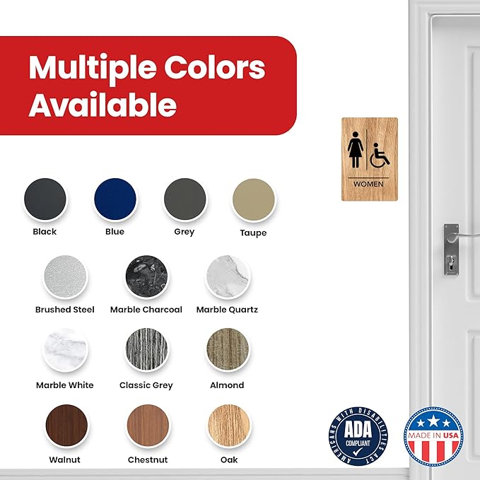 Promot Men and Women Handicap Restroom Sign – ADA Braille Bathroom Sign for Business, Self-Adhesive, 9" x 6", Commercial Door Signage, Office Wall Decor - Oak