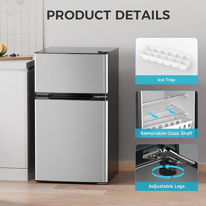 COWSAR 3.2 Cu.Ft Fridge with Freezer, Double Door Compact Refrige for Bedroom, Adjustable Thermostat, Energy-efficient Low Noise Small Refrigerator For Dorm, Office, Bar, RV, Commercial,Silver