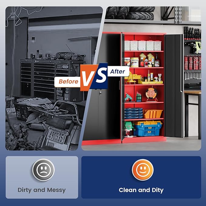 Yizosh Metal Garage Storage Cabinet with 2 Doors and 5 Adjustable Shelves - 71" Steel Lockable File Cabinet,Locking Tool Cabinets for Office,Home,Garage,Gym,School (Red Black)