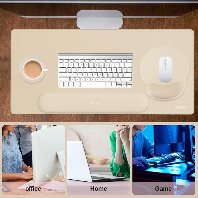 MOSISO Wrist Rest for Keyboard Mouse Pad Set, Large Gaming Deskpad&Circle Curved Mousepad&Keyboard Wrist Rest&Coaster, Ergonomic Non-Slip Mousepad&Easy Typing Pad with Curved Memory Foam, Apricot