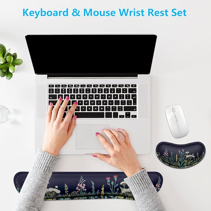 Dapesuom Enlarge Keyboard Wrist Rest, Memory Foam Wrist Cushion for Desk Mat Support, Cute Pain Relief Keyboard Mouse Pad Rests Set with Non-Slip Base for Gaming Laptop Office Computer, Elegant Flower