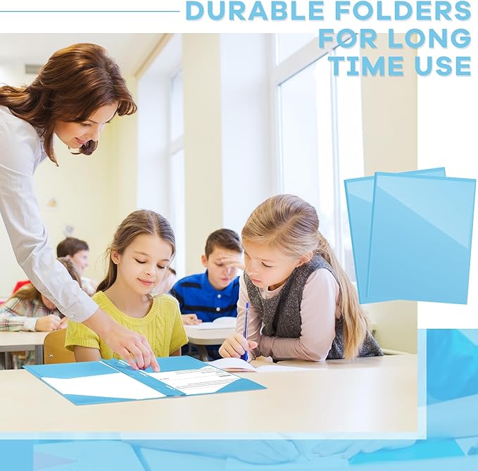 Henoyso 36 Pcs Plastic Folder with Clear Front Pocket and 3 Prong Plastic Folders with Card Slot Pocket Folders with Prongs for School Office (Light Blue)