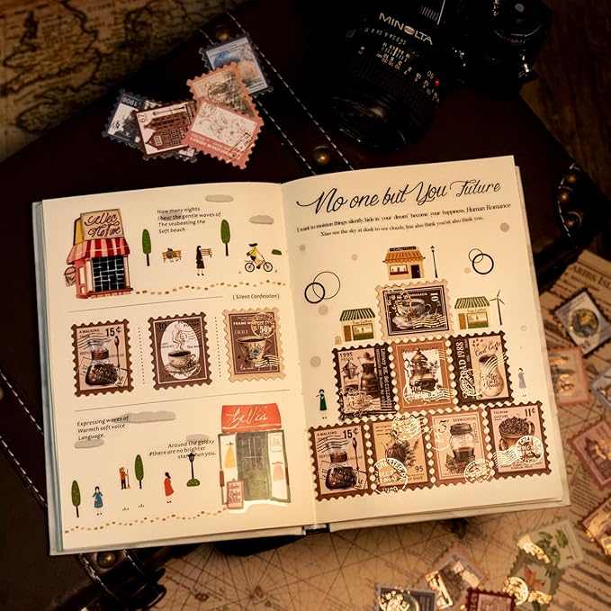 Vintage Stamp Paper Set, 120 PCS Embossed Scrapbook Paper Kit for Journaling, DIY Collage, Card Making, and Art Crafts Supplies