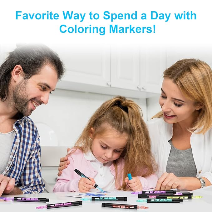 Hoxida Outline Marker Self-outline Metallic Markers, 12 Colors Double Line Outline Markers, Super Squiggles Shimmer Glitter Pen Set for Christmas Greeting Card, Kid Drawing, Doodling,DIY Art Crafts