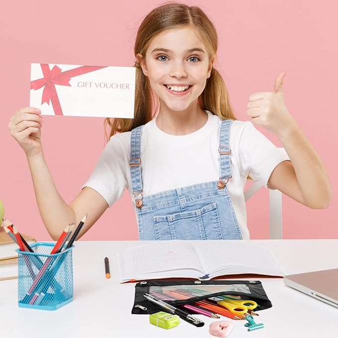 Marspark 30 Packs Pencil Pouch 3 Ring Binder Pen Pouch Cloth Pencil Pouches Zipper Pen Case Bag with Clear Window for School Office Writing Supplies Gifts(Black)