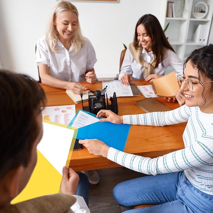 Maitys 50 Pack Binder Pockets 3 Hole Punch Clear Plastic Document Folders Binder Organizer Store Letter Size 8.5x11 Inch Paper Folders with Pockets Slash File Jacket for Office (Bright Colors)