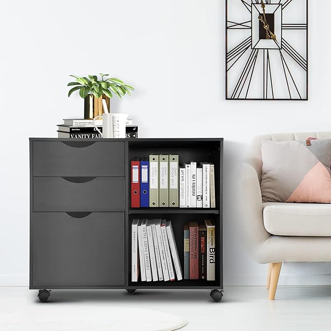 QDSSDECO 3-Drawer with Shelf Wood File Cabinet Mobile Lateral Filing Cabinet, with Rolling Wheel Printer Stand and Open Adjustable Storage Shelves, for Home Office, Black