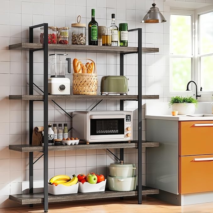 Bookcase, 47 Inch Wide Wood Bookshelf, 120lbs Shelf Capacity, Rustic Open Shelving Industrial Display with Reinforced Horizontal Shelves for Living Room Bedroom Office (4 Tier - Grey) 2 Set