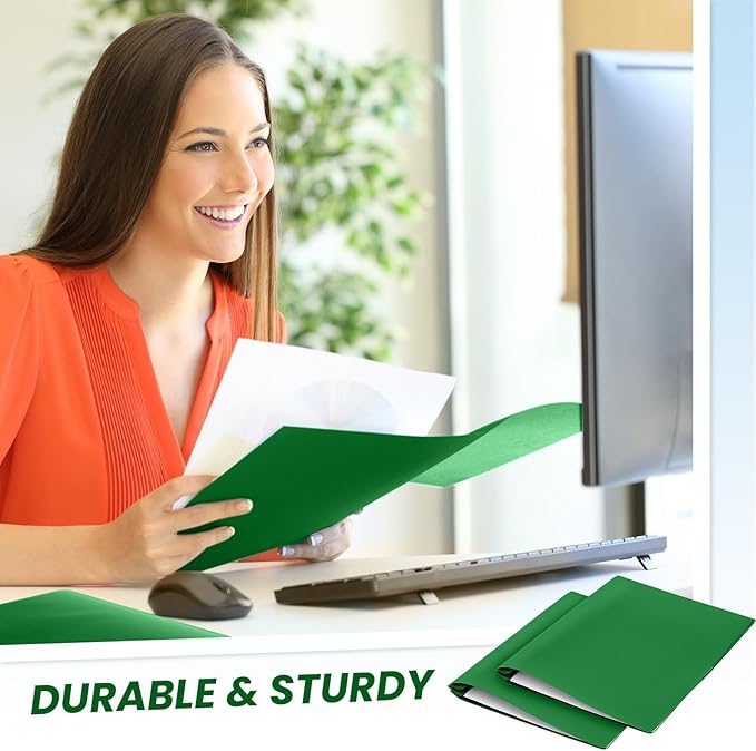 Yeaqee 60 Pcs Plastic Folders with Pockets and Prong Plastic Folders with 2 Pockets Pocket for Office, School for Students, Teachers, Office Workers (Dark Green)
