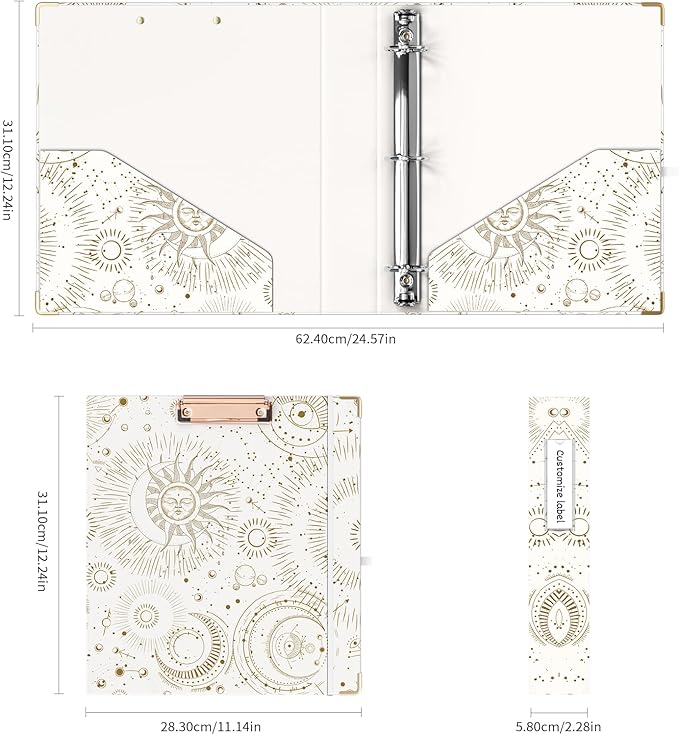 Ospelelf 3 Ring Binder, 1.5 Inch, Cute Letter Size (11" x 8.5") with 5 Tab Dividers, File Folder Labels and Low Profile Clipboards, Tarot Cards Binder for School and Office Supplies