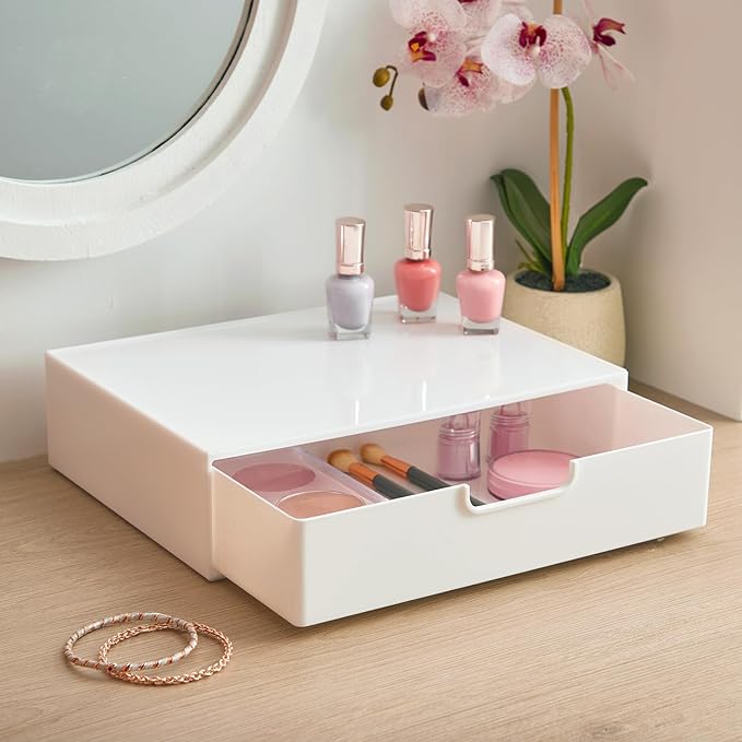 STORi STAX Plastic Stackable Organizer Drawer in Solid Cloud White | 12.5-inches Wide | Organize Office Desk Accessories and Sort Letter-Size Paper | Made in USA