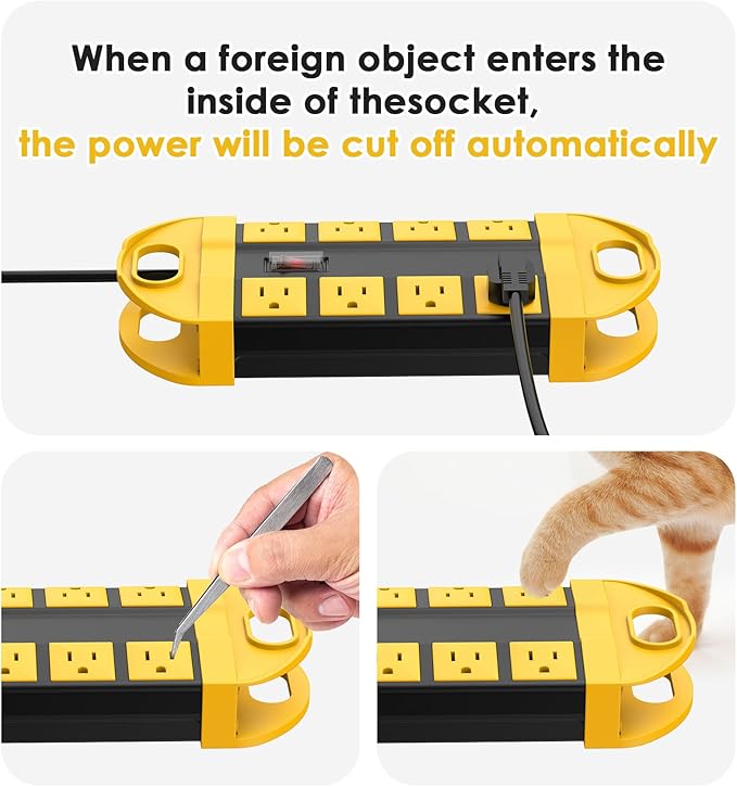 CCCEI GFCI Outdoor Power Strip Weatherproof with 8 AC, Waterproof Extension Cord with Multiple Outlets, Wall Mount Surge Protector Flat Plug, Christmas Exterior Garden, Yard, 15FT, Yellow.