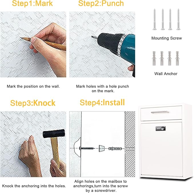 xydled Wall-Mount Mailbox with Combination Lock, Steel Key Lock Mail Boxes Outdoor, Locking Wall Mount Mailbox, Security Key Drop Box, Collection Boxes, 17.2H x 12.2L x 5.8W Inches, White, XL Large