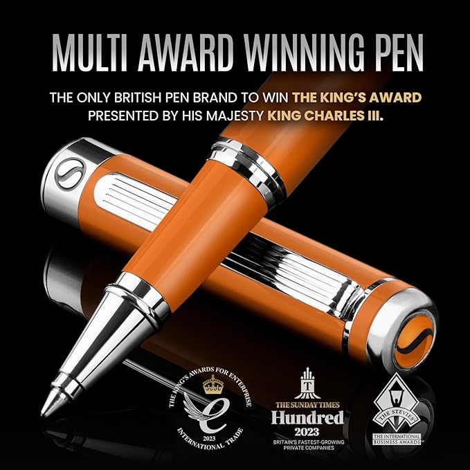 Scriveiner Orange Rollerball Pen - Stunning Luxury Pen With Chrome Finish, Schmidt Ink Refill, Best Roller Ball Gift Set for Men & Women, Professional, Executive Office, Nice Pens