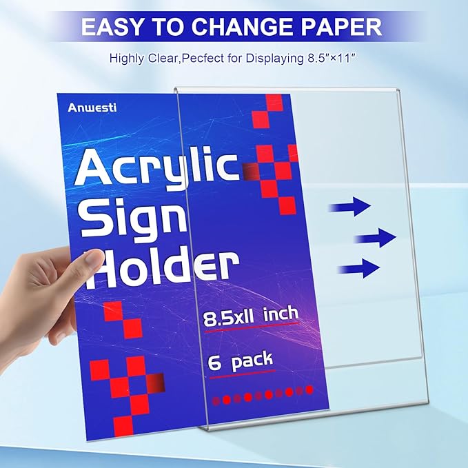 Acrylic Sign Holder 8.5" x 11" - 6 Pack Clear L-Shaped Tabletop Menu Frame for Restaurants, Photos, Posters | Slanted Back Design | Durable Promotional Display Stand