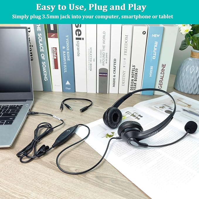 Callez 3.5mm Headset with Microphone Noise Cancelling for Cell Phone PC Laptop, Stereo Computer Headphones for iPhone Samsung Mac Call Center Office Skype, in-line Control, Clear Chat
