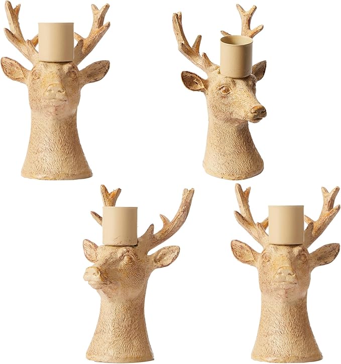 DN DECONATION Christmas Candle Holders Set of 4 – Reindeer Taper Candle Holders in Rustic Wood Color, Deer Head Candlestick Holders Holiday Tabletop Decor for Living Room, Fireplace, Party & Gift