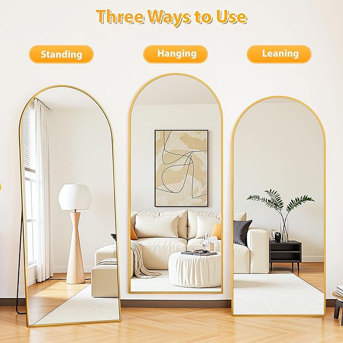 Full Length Mirror, 76"x44" Oversized Floor Mirror Freestanding, Full Body Mirror Floor Standing Mirrors with Stand, Hanging Mounted Mirrors for Bedroom Living Room, Gold, Arched Style