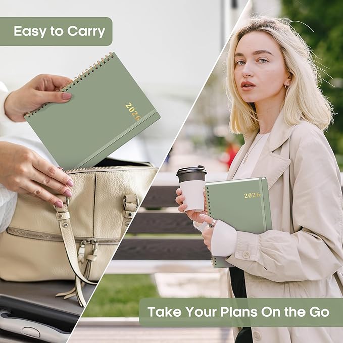 2026 Planner, Weekly and Monthly Calendar Planner Book, January 2026 - December 2026, Hardcover Spiral Planner with Monthly Tabs, Notes Pages, Perfect for Women & Men, A5 (6.4" x 8.5") - Green