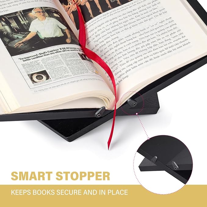 Solid Wood Book Stand for Reading and Display, Foldable Book Holder for Cookbooks, Art Books, Bibles, Magazines β Open Book Stand for Kitchen, The Front Stopper Helps Prevent Books from Sliding.