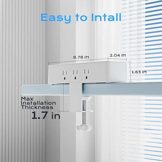 Flat Plug Desk Clamp Power Strip 10FT, 40W Total Fast Charging Station, 2 PD20W USB C Ports, Desk Edge Mount Power Strip 9 AC Outlets 8 USB Ports Surge Protector, Fit 1.7" Tabletop Edge, White