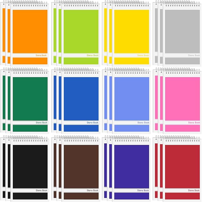 24 Pack Steno Pads 6x9 Spiral Notebooks Bulk 12 Assorted Colors Note Pads 60 Sheets Gregg Rule Writing Paper, Steno Notebooks for Students Teachers Men Women Professionals Office School Recording