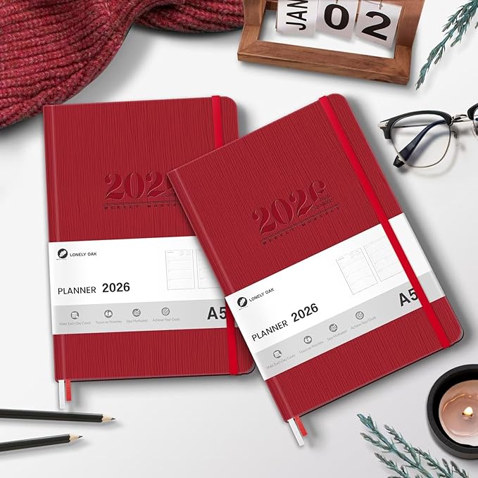 2026 Planner, Weekly and Monthly Planners, Faux Leather Daily Calendar 2026 Planner, 12 Month Agenda from Jan. to Dec., Hardcover Habit Tracker Journal 5.75" x 8.4"(Red)