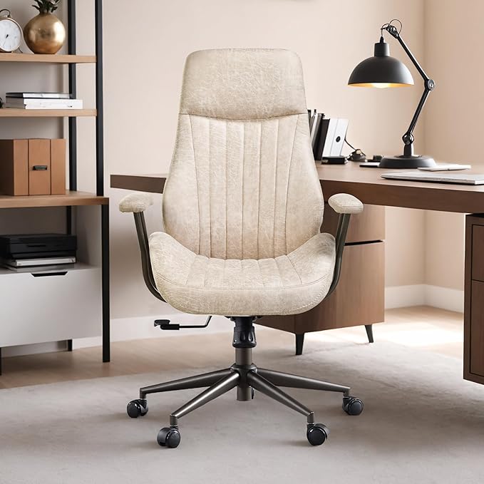 Mid Century Modren Office Chair - High Back Swivel Executive Chair with Lumbar Support,Ergonomic Computer Desk Chair with Wheels,Faux Lether Suede Task Chair,350lbs (Beige, High Back)