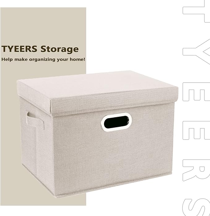 TYEERS Large Storage Bins with Lids, Collapsible, Washable, Fabric Storage Boxes for Organizing, 17.3x11.8x11.4 inches, 5 Pack, Beige