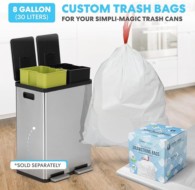 SIMPLI-MAGIC 16 Gallon (60L) Elegant Black Step Trash Can – Dual Compartment Kitchen Garbage Can with Waste & Recycling Bins – Slow-Close Lid, Odor Control, Hands-Free, Premium Stainless Steel