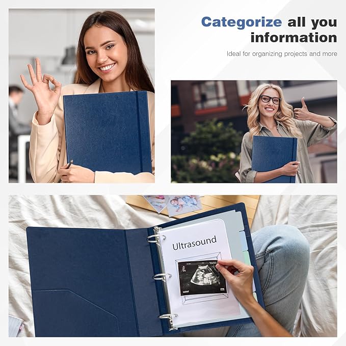 Ospelelf 3 Ring Binder With Clipboard - 2 Inch Vintage Leather Organizer for Letter Size (8.5" x 11"), Professional Dividers With 5 Tabs, Dark Blue