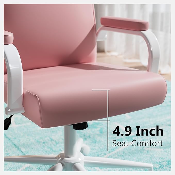 Pink Desk Chair, High Back Leather Executive Office Chair for Girl and Women, Adjustable Height Computer Desk Chairs with Wheels and Arms