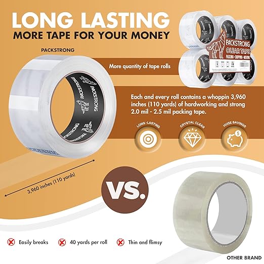 Packstrong Industrial Grade Clear Packing Tape 24 Rolls - 110 Yards per Roll - 3" Wide x 2.0 mil Thick, Acrylic Adhesive Heavy Duty Tape for Box Office Moving Packaging Shipping