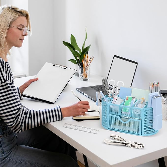 17 in 1 Blue Desk Organizers and Accessories Set, 3 Office Desk Supplies Storage Organization, 4 Pens, Stapler, Staples & Remover, Tape & Dispenser, Scissors, Ruler, Clips, Hole Punch, Back to School