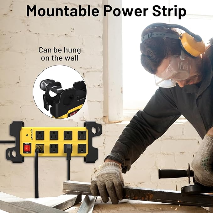 Plug'n 8 Outlet Heavy Duty Power Strip,Wide Spacing,Workshop Surge Protector 2700J with 6FT Extension Cord,Industrial Metal Power Strip 15Amp,Yellow Wall Mount Power for Garage,Office