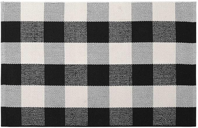 KIMODE Front Door Mat Buffalo Plaid Outdoor Rug 27.5"x43" Black and White Checkered Rug Farmhouse Front Porch Rug Decor Cotton Woven Washable Layered Christmas Door Mats Christmas Decorations