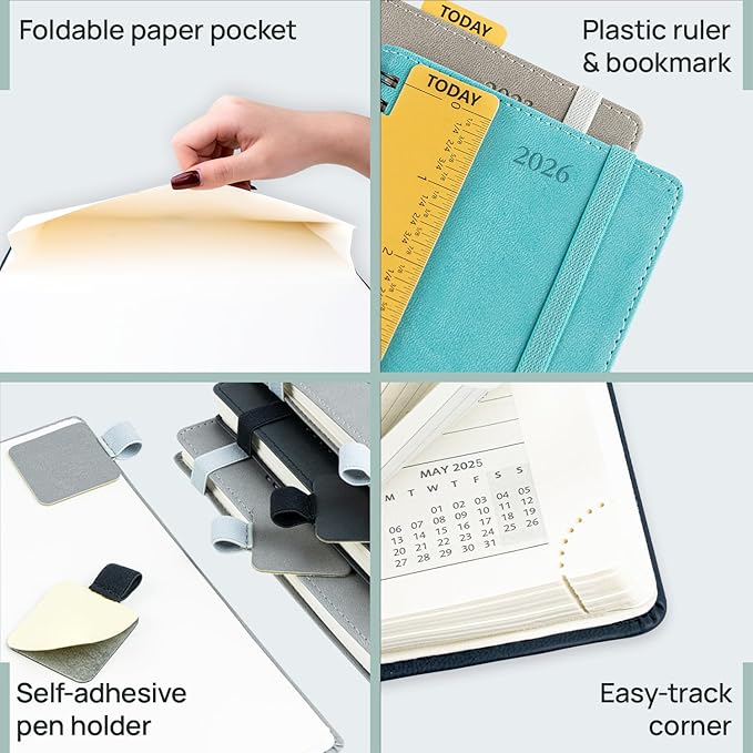 POPRUN Monthly Planner 2025-2026 Pocket Size (4" x 6.25") 18 Months Calendar (Jul 2025 - Dec 2026) - 4 Pages per Month with Monthly Expense & Notes, Sunday Start, Leather Cover - Grey