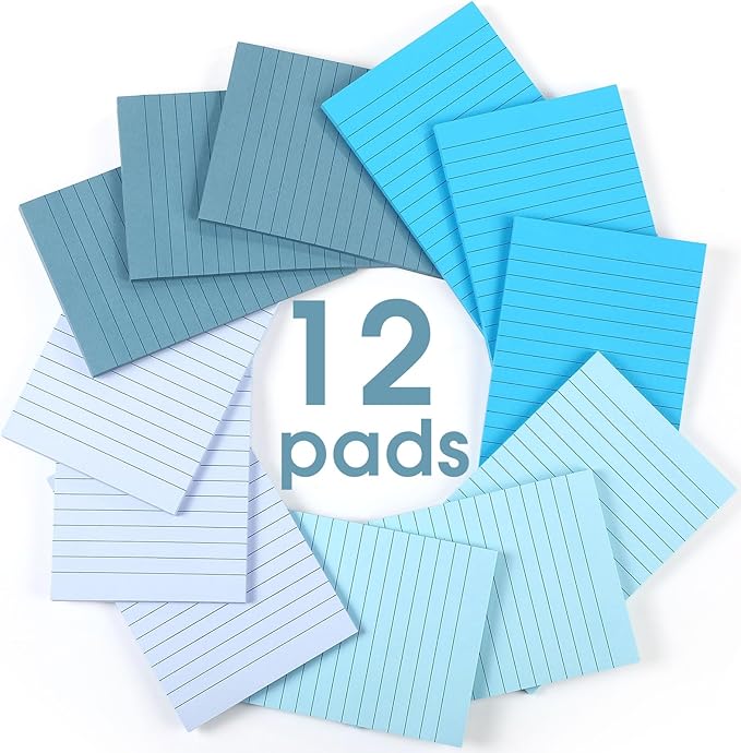 12 Pads Blue Boho Sticky Notes 4x6 with Line, Lined Self Stick Notes Pads Boho Office Supplies, Vintage Aesthetic School Accessories 50 Sheets/pad
