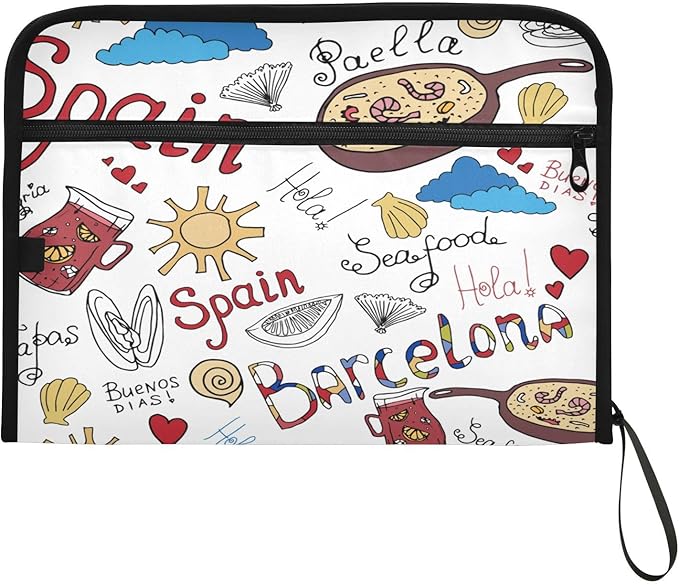 Cute Barcelona Sketch 13 Pockets File Folders Expanding File Folder with Sticky Labels Accordion File Folder with Safe Zipper Document Organizer for Letter A4 Size Paper,Document