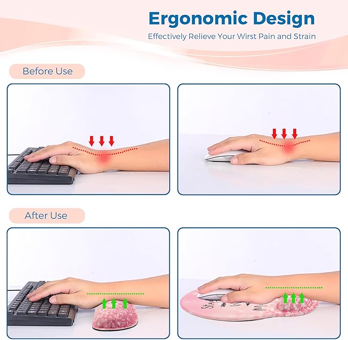 Mouse Pad and Keyboard Wrist Rest Support, with Non-Slip PU Base,Gel Mouse Pad with Coaster,Pain Relief for Gaming, Computer,Office -Pink Positive