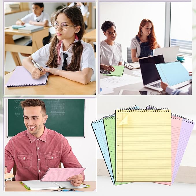 10 Packs 8.5" x 11" Top Spiral Notebook with 3 Hole Punched Legal Pads College Ruled Notepad 50 Sheets Hard Cardboard Paper Wirebound Notepad for Office School Business (Multicolor)